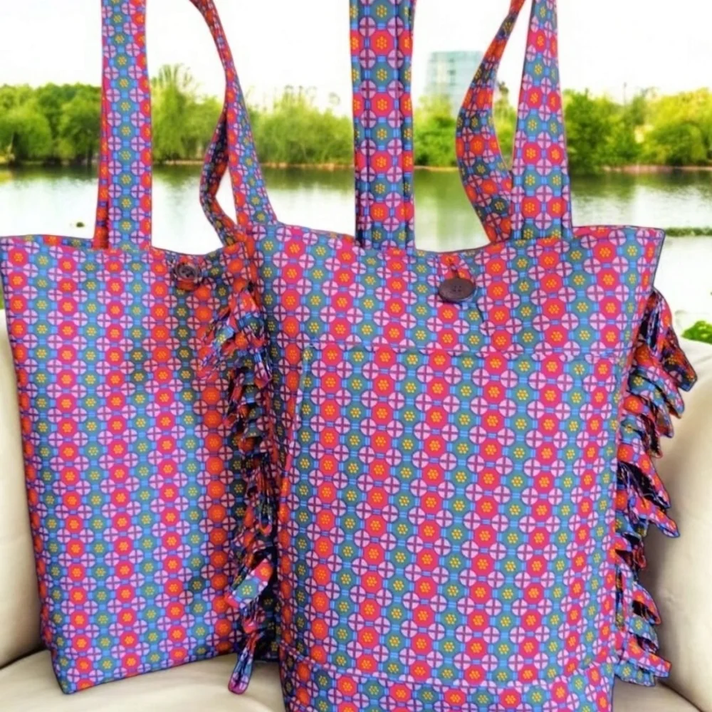 Red and Pink Geometric Tote Bag with Fringe